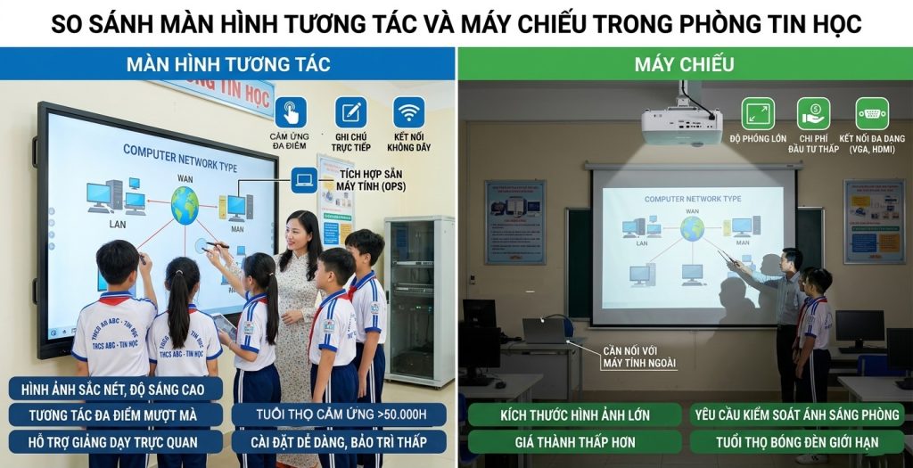Màn hình tương tác và máy chiếu có sự khác biệt gì trong phòng tin học